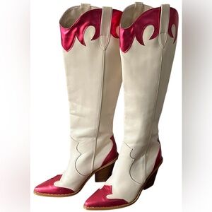 Billini Sayuri metallic western knee high boots white pink pointed toe sz 8